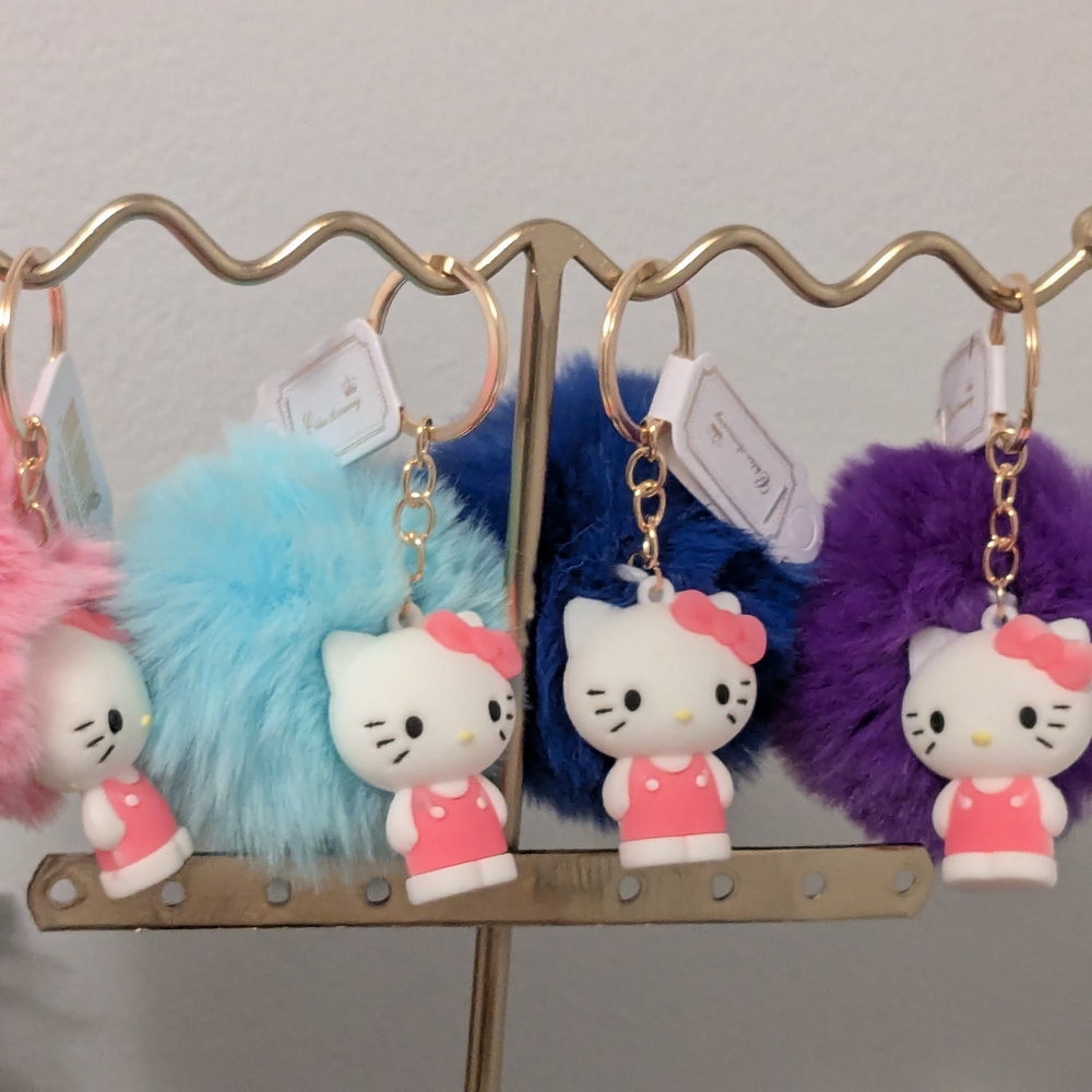 Hello Kitty Keychain with Pom Pom. Multiple Colors.  Just Pick A Color...